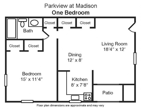 Floor plan for 1 bed, 1 bath